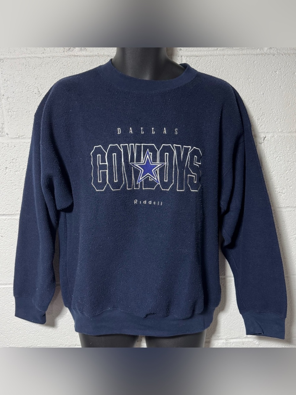 Vtg Riddell Dallas Cowboys Blue Fleece Inside Out Style Crewneck Sweatshirt L